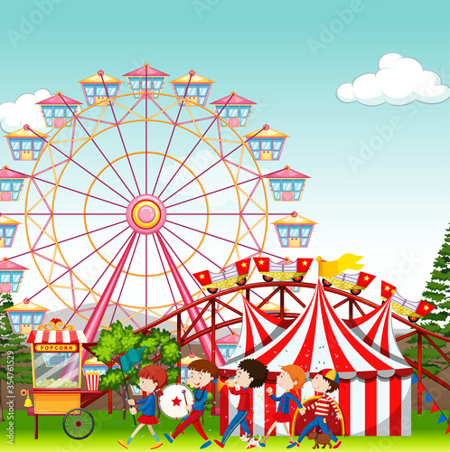 Amusement park with circus and ferris wheel  background