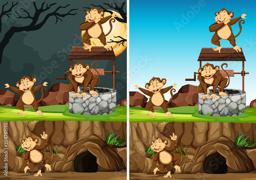 Wild monkey group in many poses in animal park cartoon style isolated on day and night background photo