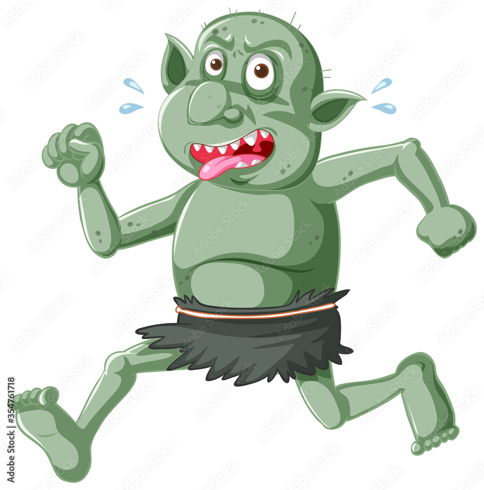 Obraz premium Dark green goblin or troll running pose with funny face in cartoon character isolated