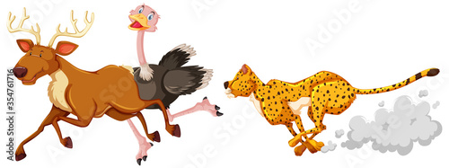 Leopard hunting ostriche and deer in cartoon character on white background