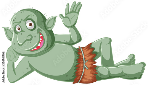 Dark green goblin or troll smile while lying down in cartoon character isolated