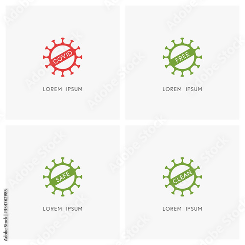 Covid-19 outline symbol set. Coronavirus mark, green sticker and red virus warning sign - danger of infection, safety and cleanness, disinfection and sanitize icons.
