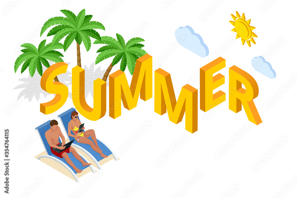 Obraz premium It's Summer time banner. Summer Luxury vacation. Isometric beautiful girl in a swimsuit sits in a beach chair and takes a selfie on the background of the sea
