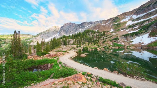 Albion Basin, Utah summer panning panorama of reflection of water on Cecret Lake in Wasatch mountains with rocks, snow and green color with people hiking wide angle view photo