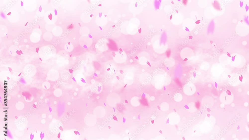 Colorful bright petals swinging in spring background with sun flares. Beautiful nature scene. Illustration cherry blossom petals. Abstract spring graphic. Loop animation.