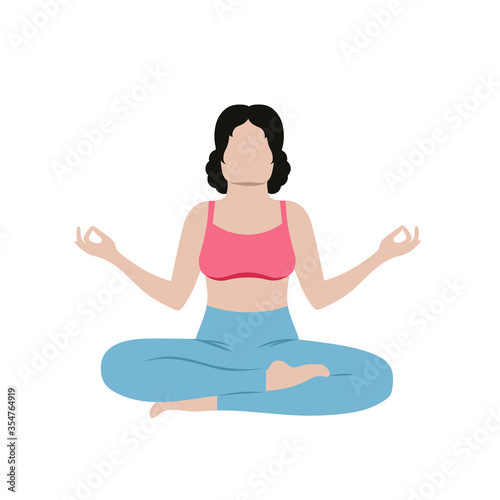 A beautiful girl is sitting in a Lotus position isolated on a white background. Vector flat cartoon illustration. The concept of fitness, yoga, charging, meditation.
