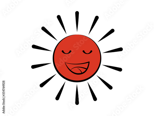 Flat design hand drawn outline sun happy smiles Cartoon character, red sun color in isolated white background vector illustration 