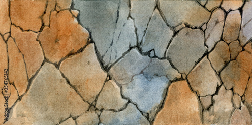 Stone wall. Stone texture drawn in watercolor. Stone wall with cracks. Beautiful watercolor illustration.