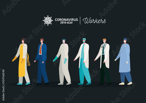 doctors cook and businessman with uniforms and masks vector design