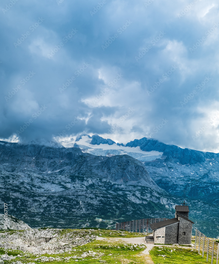 Panoramic view of Heilbronn Chapel in Austrian Alps, beautiful small Church located near viewing platform 5 fingers in Dachstein Mountains, Upper Austria
