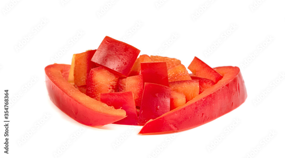 red chopped sweet bell pepper isolated on white background red chopped sweet bell pepper isolated on white background