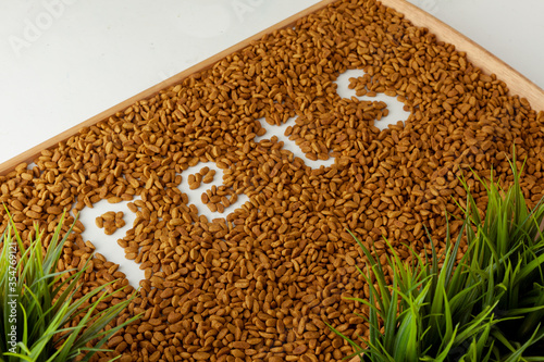 the word pets is covered with pet food in a wooden tray, white background, green grass below © Stockgurulab