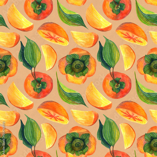 Fototapeta Naklejka Na Ścianę i Meble -  Watercolor seamless pattern of persimmon on a orange beige background. Floral illustration for wrapping paper, textiles, greeting cards and invitations.