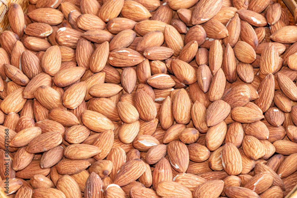 Organic almond nuts  top view. Healthy snack