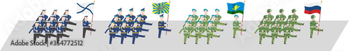 Military parade on Victory Day. Soldiers, paratroopers, pilots, sailors in uniform marching at the parade. At the head of a company is a commander with a flag. Flat infographics. Vector illustration