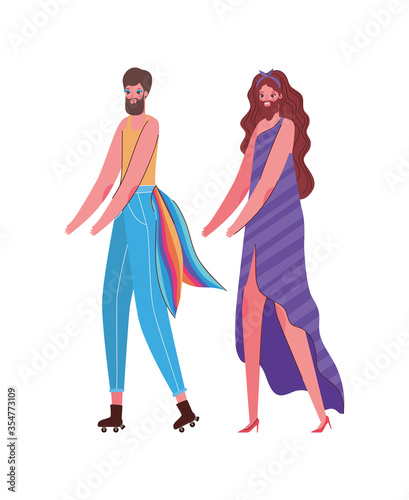 Woman and man cartoon with costume and lgtbi flag vector design