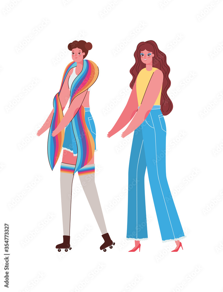 Women cartoons with costumes and lgtbi flag vector design Women cartoons with costumes and lgtbi flag vector design