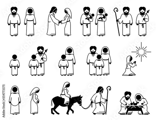 Virgin Mary, Saint Joseph, and Jesus Christ stick figures. Vector illustration of baby and young Jesus Christ with his father and mother. Visitation from God to Mother Mary. Baby Jesus on manger.