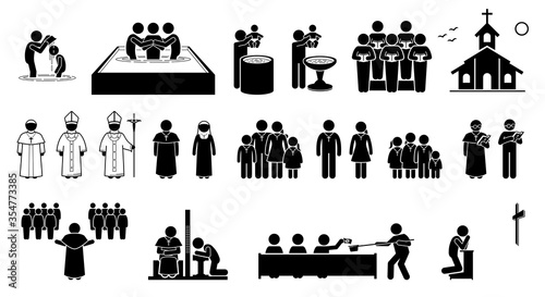 Fotografia Christian religion practices and activities in church stick figures icons