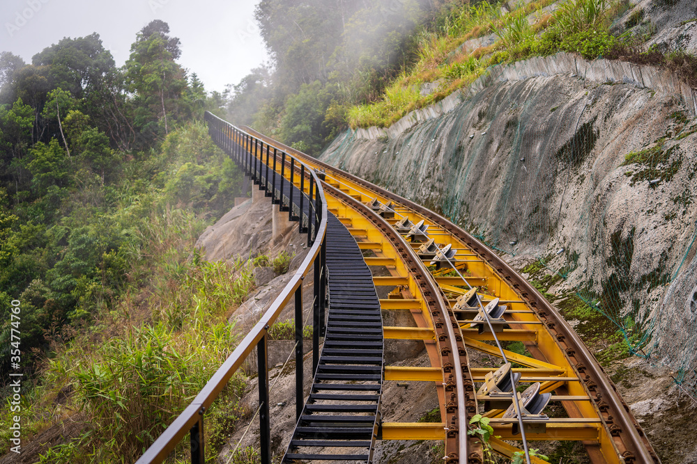 View of the cable car rails and the beautiful mountains of northern Vietnam. Funicular near Danang
