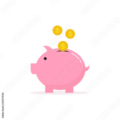 Pink Piggybank icon and dollar coin icons that are being poured into the piggy bank Simple and modern design, used for website illustration, vector illustration, isolated on a white background.