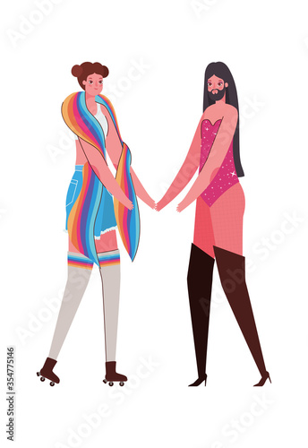 Woman and man cartoon with costume and lgtbi flag vector design