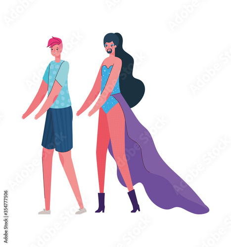 Woman and man cartoon with costume vector design