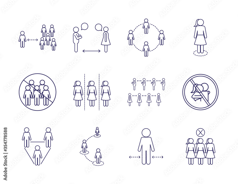 Fototapeta premium Social distancing line style icon set vector design