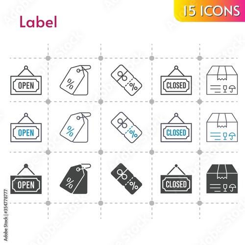 label icon set. included package, price tag, discount, closed, open icons on white background. linear, bicolor, filled styles.