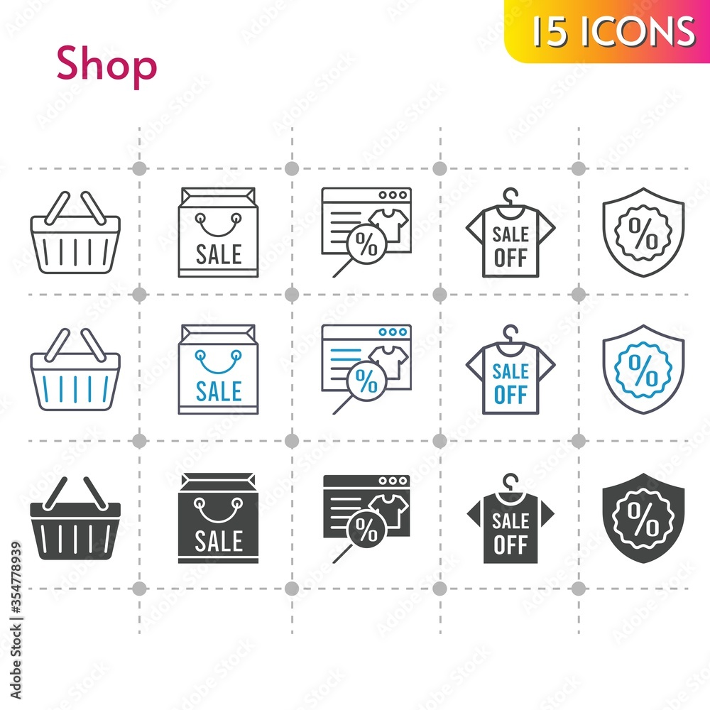shop icon set. included shopping bag, online shop, shirt, warranty, shopping-basket, shopping basket icons on white background. linear, bicolor, filled styles.