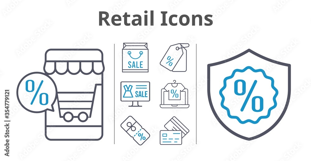 retail icons set. included online shop, shopping bag, price tag, discount, warranty, credit card icons. bicolor styles.