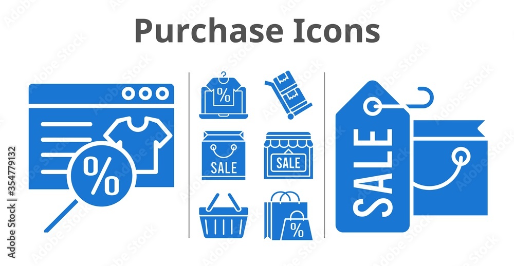 purchase icons set. included online shop, shopping bag, shop, shopping-basket, trolley icons. filled styles.