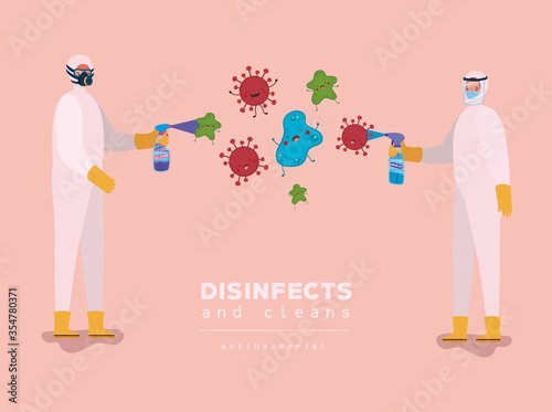 Men spraying covid 19 virus with protective suits vector design