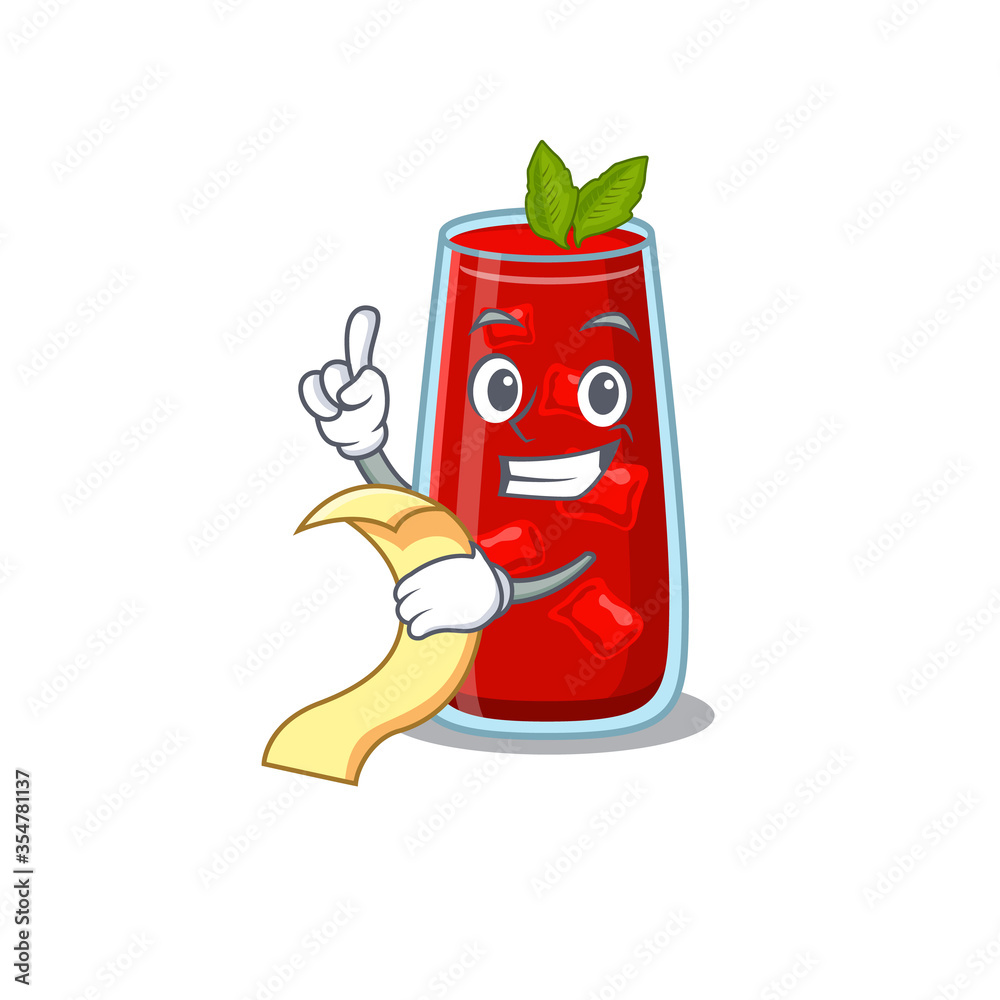 Bloody mary cocktail mascot character style with a menu on his hand