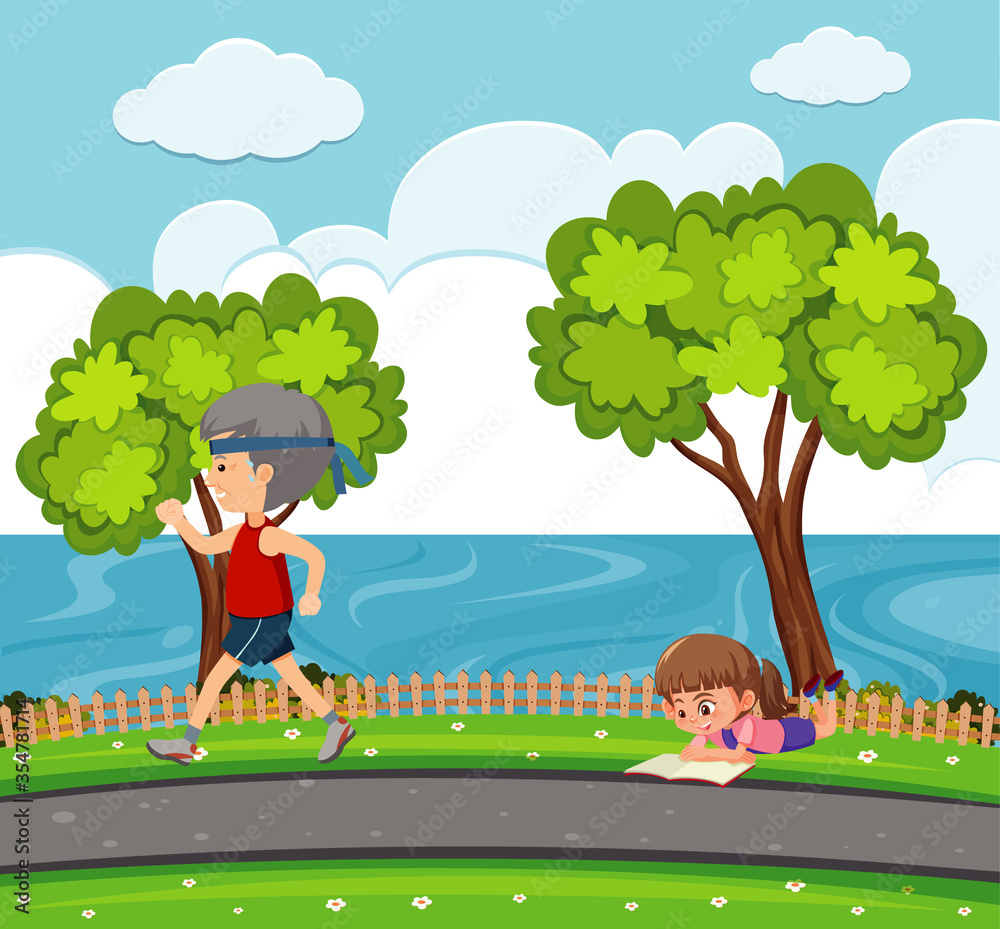 Scene with old man runing and girl reading in the park