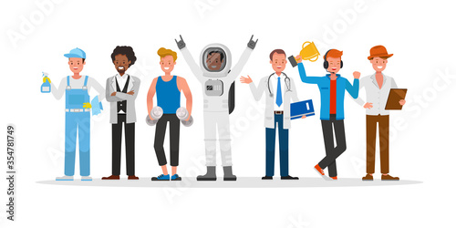career staff character vector design include janitor, businessman, gamer, fitness trainer, astronaut and doctor.