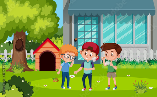 Scene with two boys smoking in the park