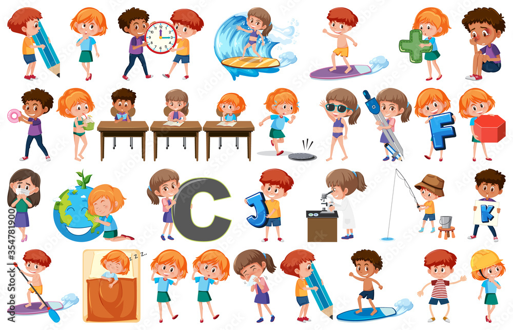 Large set of children doing different activities on white background Large set of children doing different activities on white background
