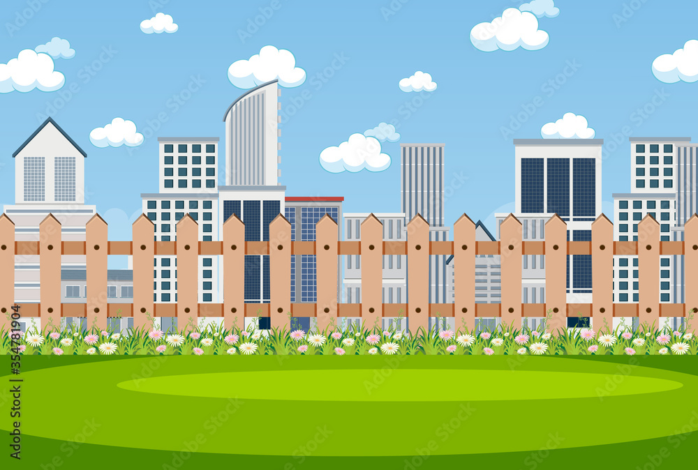 Background scene with flower in the park and city buildings in the back