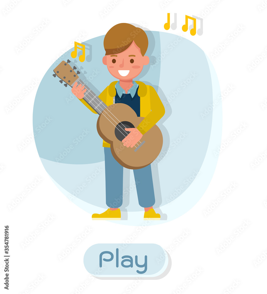 Children character vector design. Presentation in various action with emotions and play guitar.