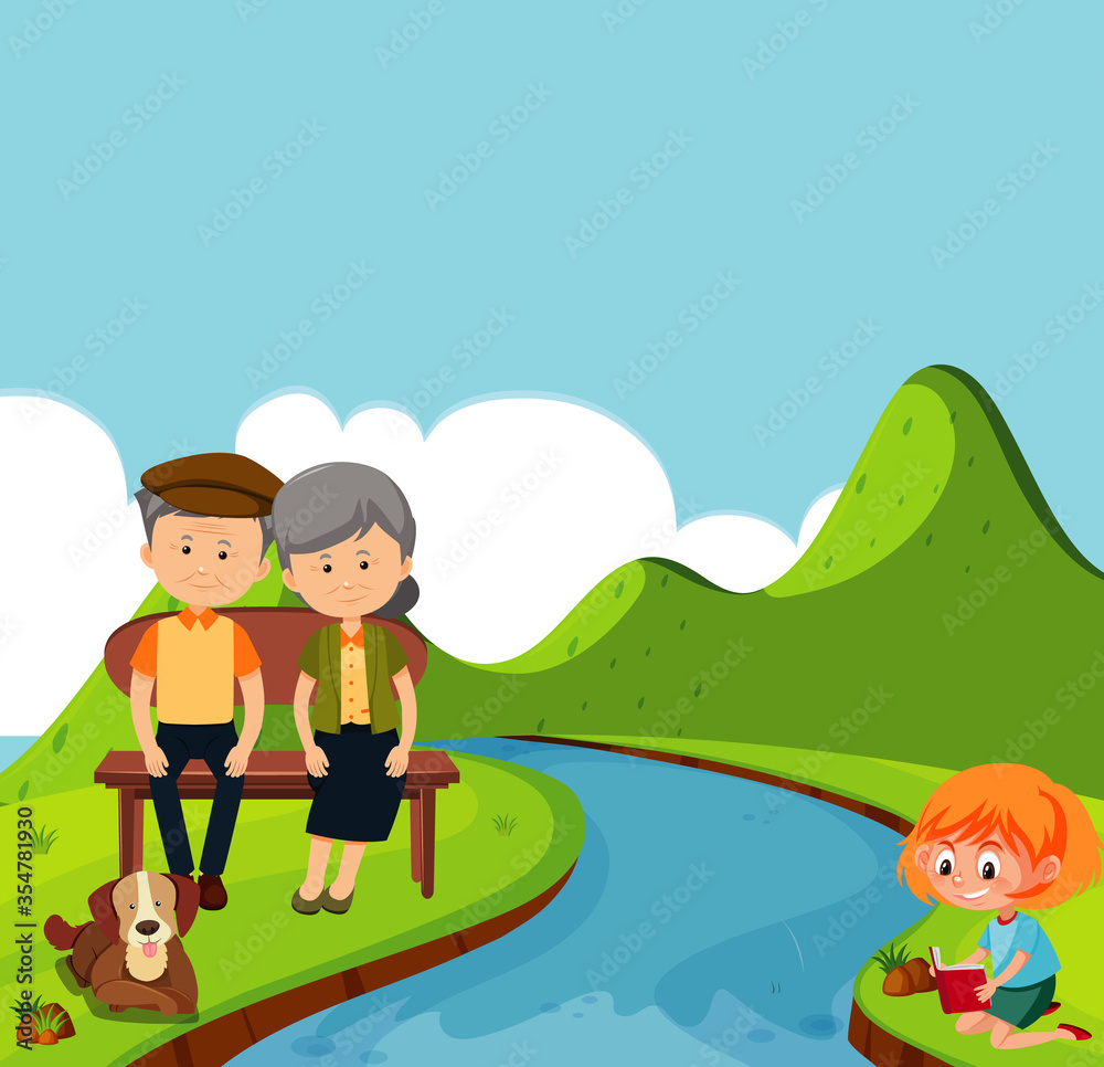 Scene with old couple and girl reading book in the park Scene with old couple and girl reading book in the park