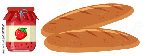 Two loaf of breads and jar of strawberry jam