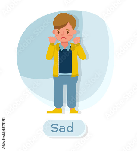 Children character vector design. Presentation in various action with emotions and sad.