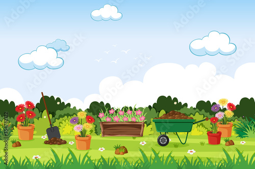 Background scene with gardening tools in the garden