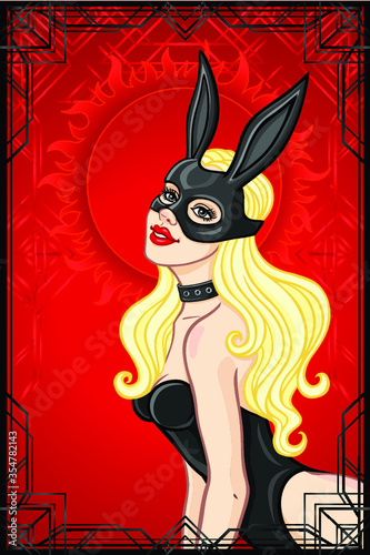Animation portrait of the woman in a collar and mask rabbit. Red background, black patten frame, shine of sun. Place for the text. Template for erotic content. Vector illustration. Print, poster, card