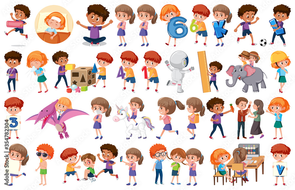 Large set of children doing different activities on white background Large set of children doing different activities on white background
