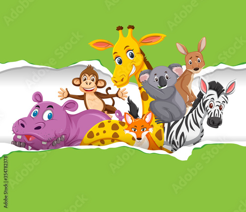 Background template design with wild animals on green paper