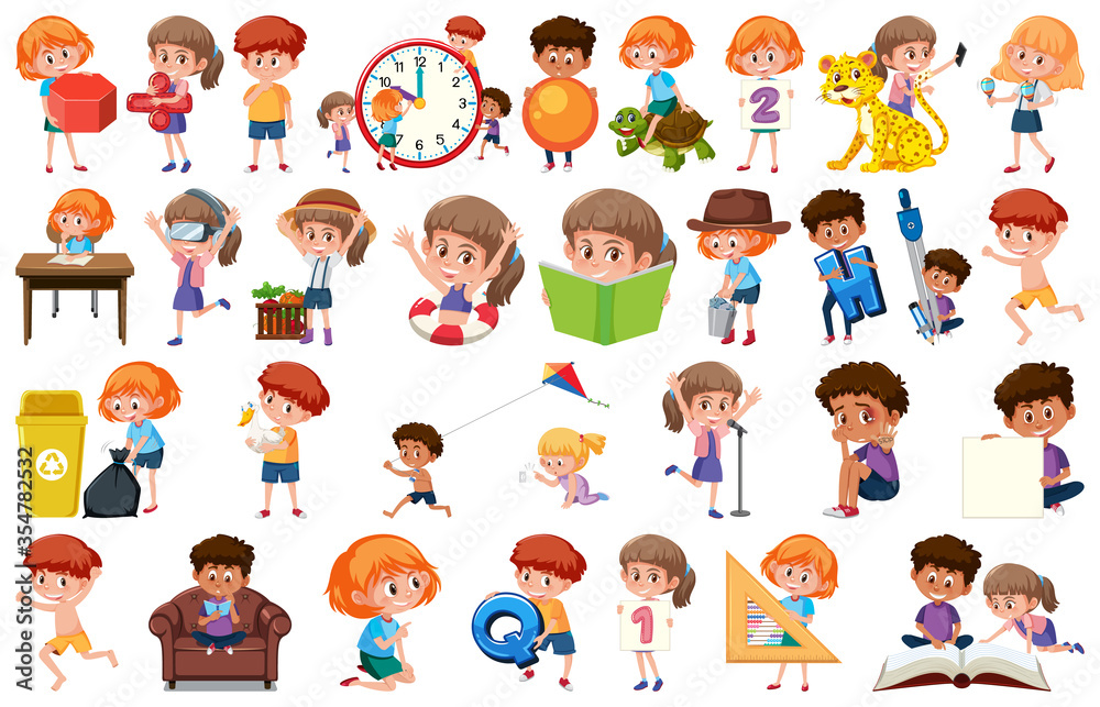 Large set of children doing different activities on white background