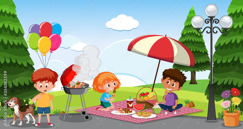 Obraz premium Scene with happy children eating in the park