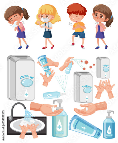Set of sick children and alcohol gel on white background